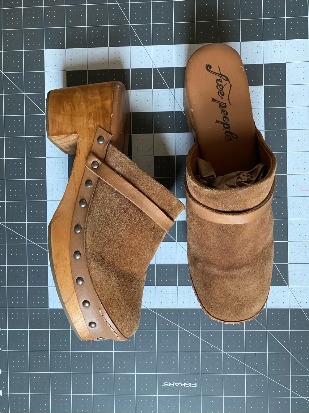 Free People Tan Suede Studded Wooden Clog Mules